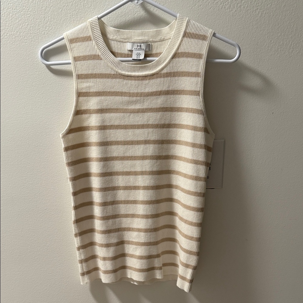 H by Halston Beige and Cream Striped Muscle Tee